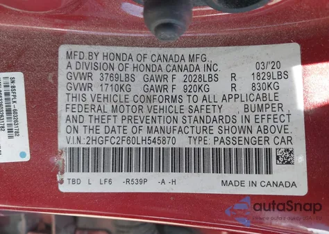 2020 Honda Civic Lx from USA, damaged, VIN 2HGFC2F60LH545870